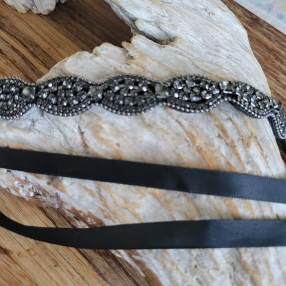 Ornate Smoky Black Crystal Choker with Ribbon - XPosted